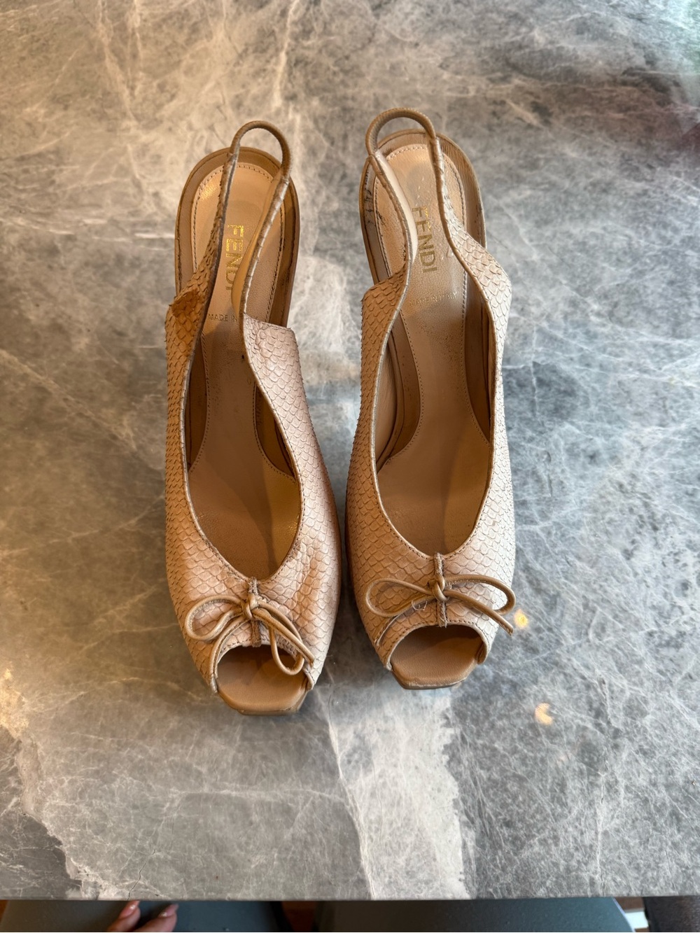 Fendi Beige Textured Peep-Toe Slingback Heels with Bow